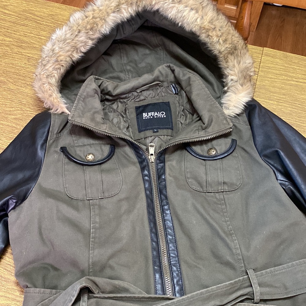 Buffalo David Bitton Size L Green and Black Hooded Quilt Lined Jacket Coat